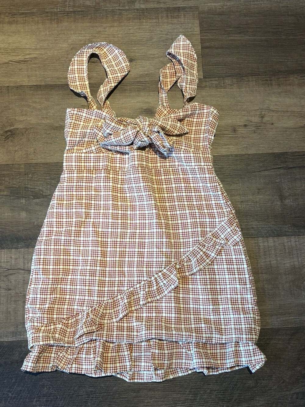 Storia Plaid Tie-Front Ruffle Hem Mini Dress Size M - Picture 2 of 4